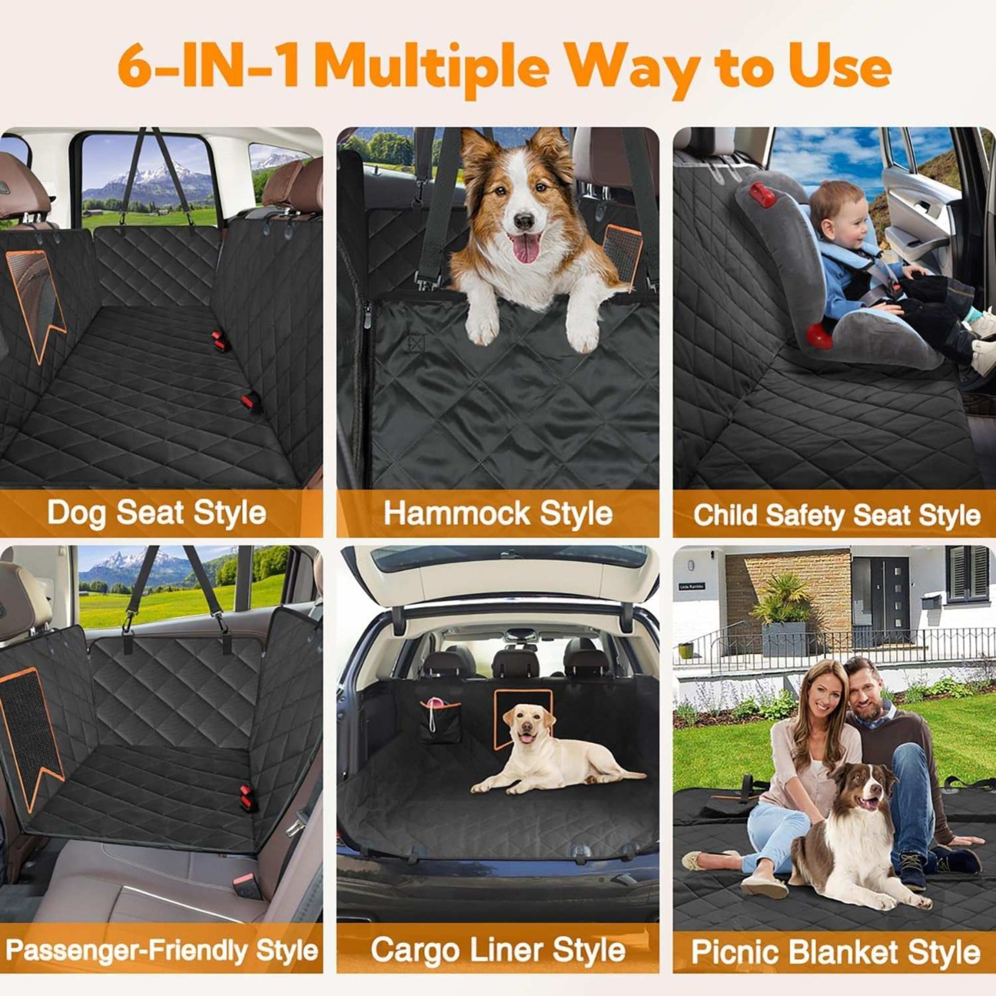 Dog car seat cover with multiple use scenarios including dog seat, hammock, child safety seat, passenger-friendly, cargo liner, and picnic blanket styles.