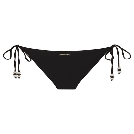 Black bikini bottom with tie sides on a white background