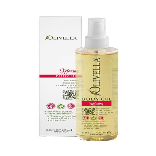 Olivella body oil bottle and packaging on a white background