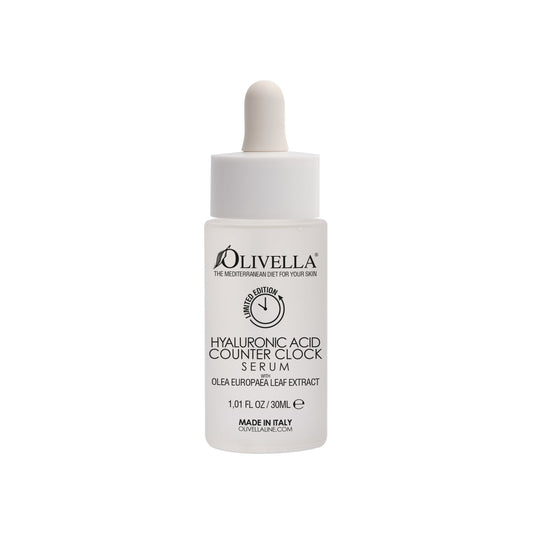 Olivella Hyaluronic Acid Counter Clock Serum bottle on a white background