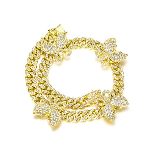 18K Gold Plated Cuban Link Necklace And Bracelet Hip Hop Women Butterfly Cuban Link Bracelet Set